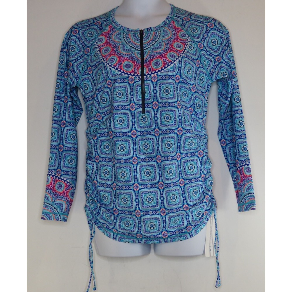 NEW Athleta Fiji Scrunch Rashguard XL Swim Paddle Board Top UPF 50+ Blue Pink